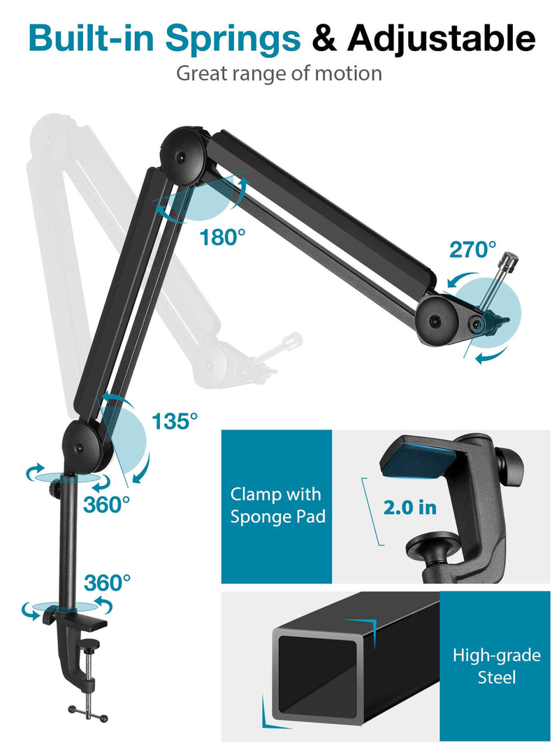 InnoGear Mic Stand, Boom Arm Microphone Stand Desk with Mount Clamp Cable Management Channels Detachable Riser 5/8" Thread Adapter for Blue Yeti Snowball Hyper X QuadCast SoloCast AT2020 Shure SM7B