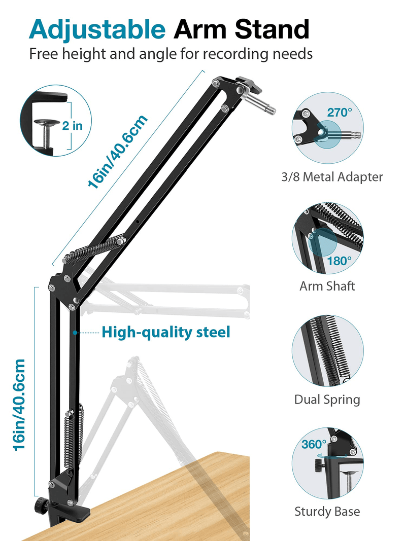 InnoGear Microphone Stand Mic Arm Boom Arm Set with Shock Mount, Mic Clip Holder, Pop Filter, Screw Adapter, Table Mounting Clamp, Five Cable Ties, Professional Recording Equipment(Large) [UK]