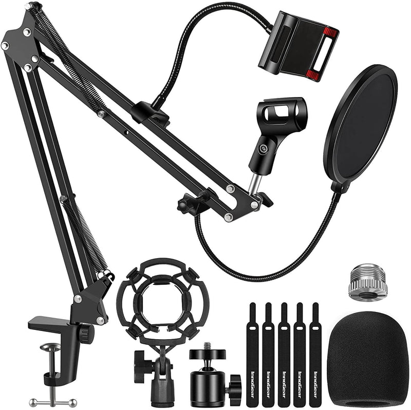InnoGear Microphone Stand, Mic Stand with Phone Holder, Pop Filter, Shock Mount, Microphone Windscreen, Mic Clip, Table Mounting Clamp, Cable Ties, 3/8'' to 5/8'' Screw Adapter [UK]