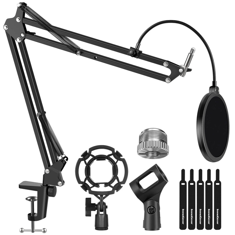 InnoGear Microphone Stand Adjustable Suspension Boom Scissor Arm Stand with 3/8"to 5/8" Screw Adapter Shock Mount Windscreen Pop Filter Mic Clip Holder Cable Ties for Microphones