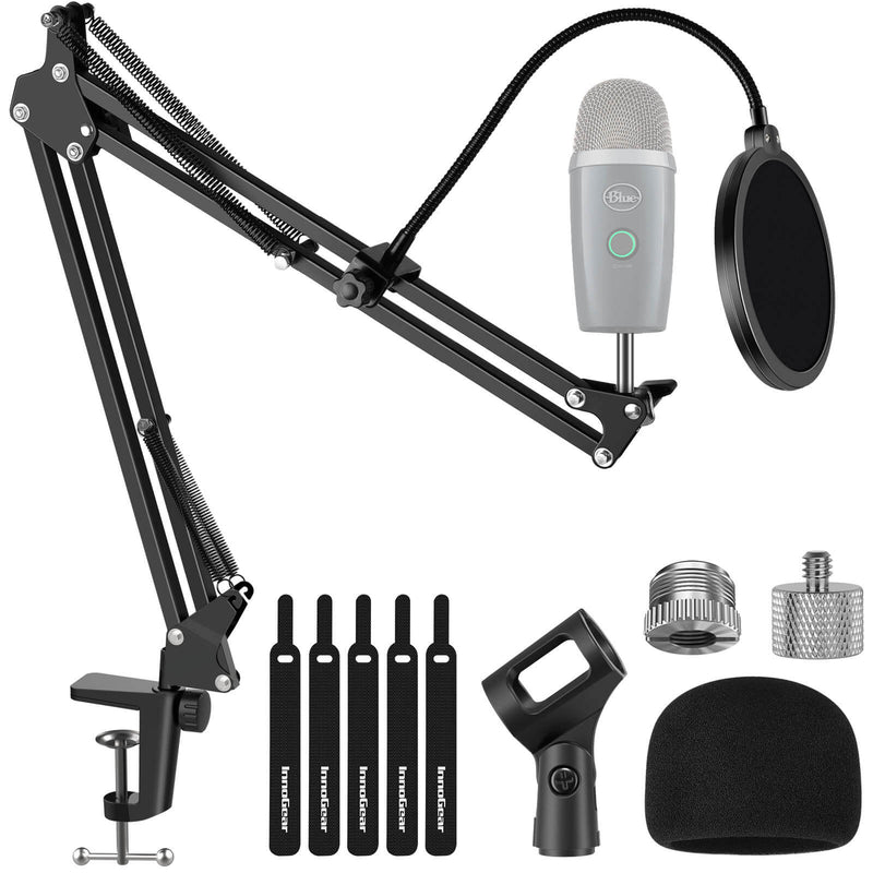 InnoGear Microphone Stand, Adjustable Mic Stand Set for Blue Yeti Nano Suspension Boom Scissor Arm Stand with 5/8" to 3/8" Screw, 5/8" to 1/4 Screw, Nano Mic Windscreen and Dual Layered Mic Pop Filter