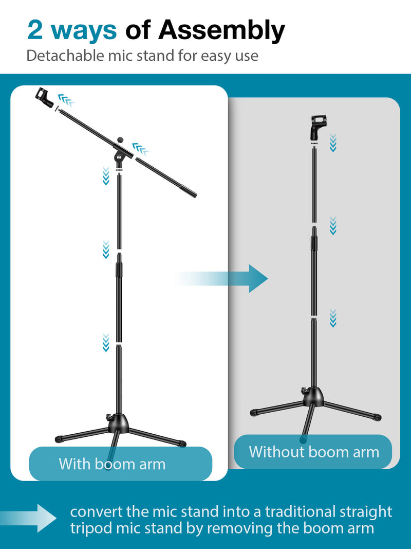 InnoGear Microphone Stand, Detachable Tripod Boom Stand Height Adjustable Heavy Duty Mic Boom Stand with Mic Clip Holder and Metal Base for Singing, Speech, Stage, Wedding, Outdoor Activities