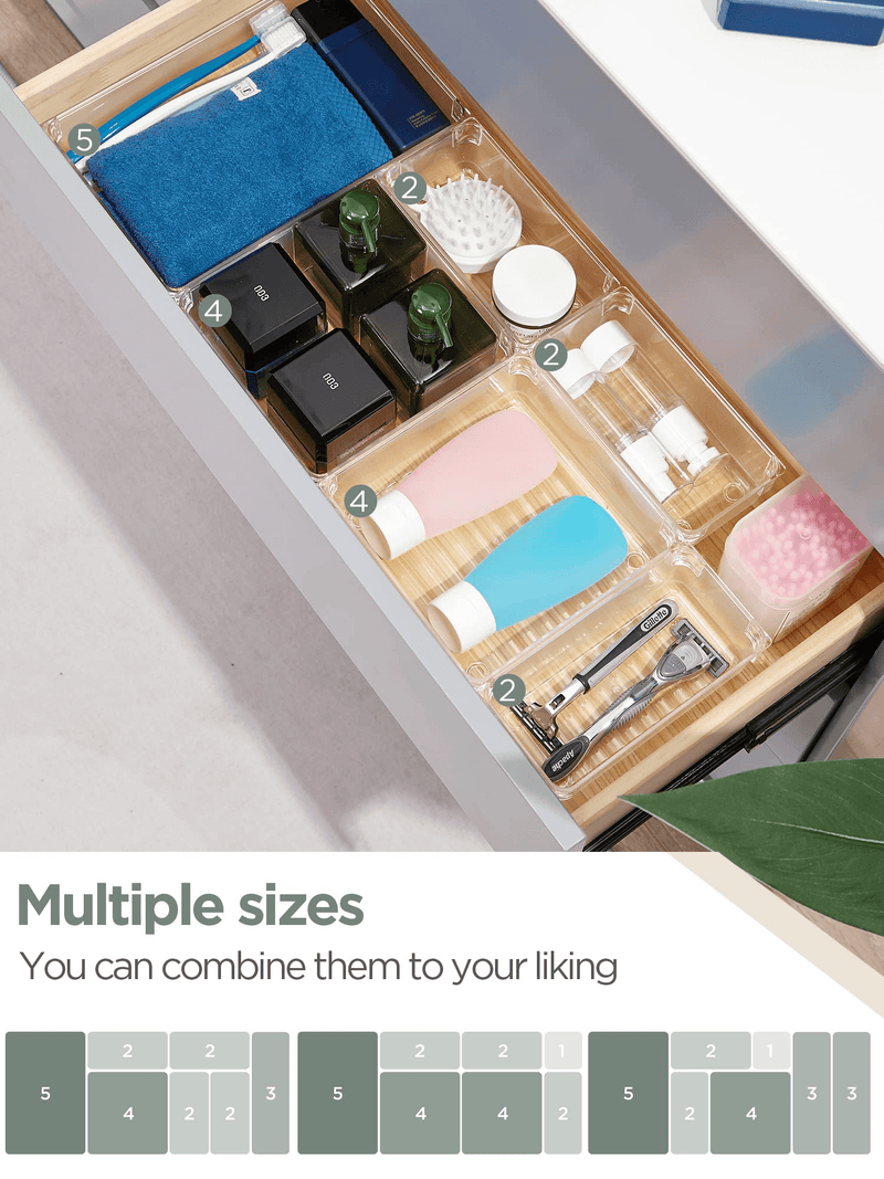 InnoGear Set of 12 Desk Drawer Organiser Trays with 3-Size Clear Plastic Storage Boxes Divider Make-up Organiser for Kitchen Bedroom Office (Frosted Transparent) [UK]