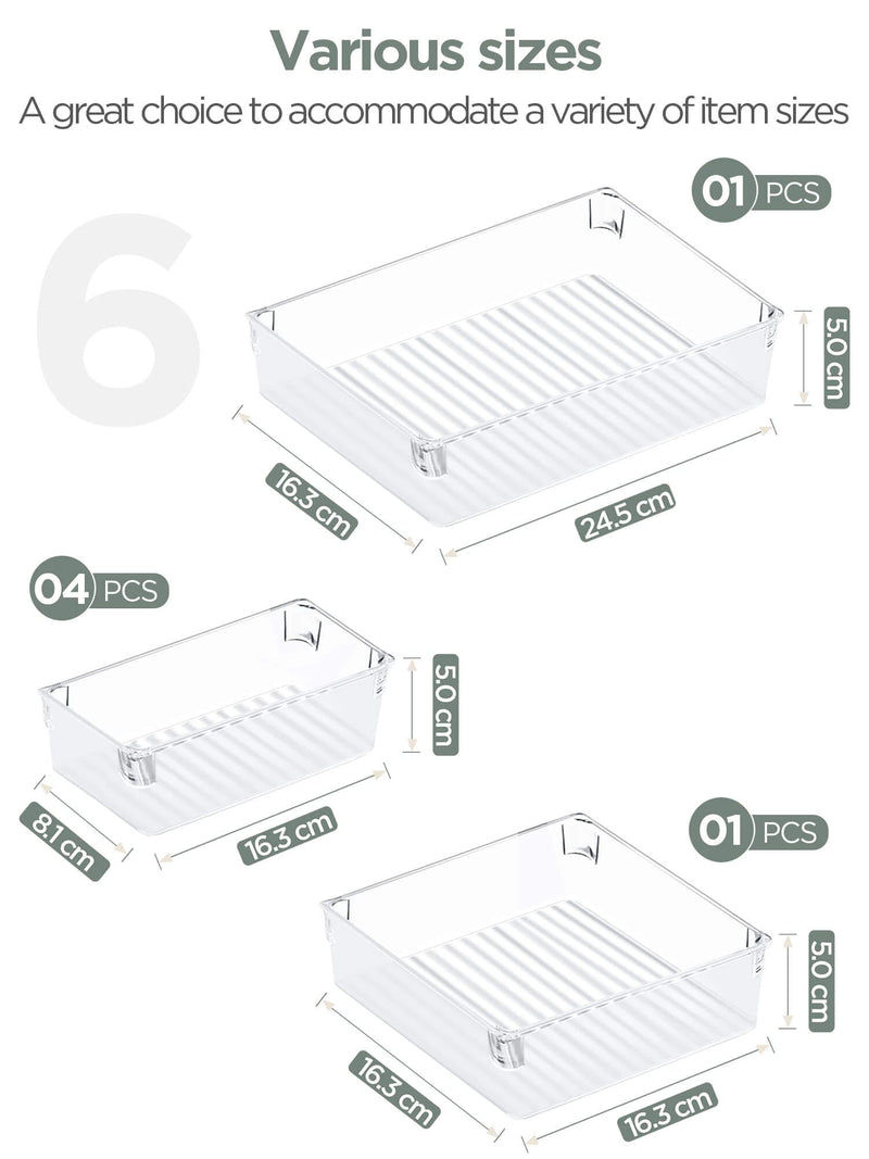 InnoGear Set of 6 Desk Drawer Organiser Trays with 3-Size Clear Plastic Storage Boxes Divider Make-up Organiser for Kitchen Bedroom Office (Clear) [UK]