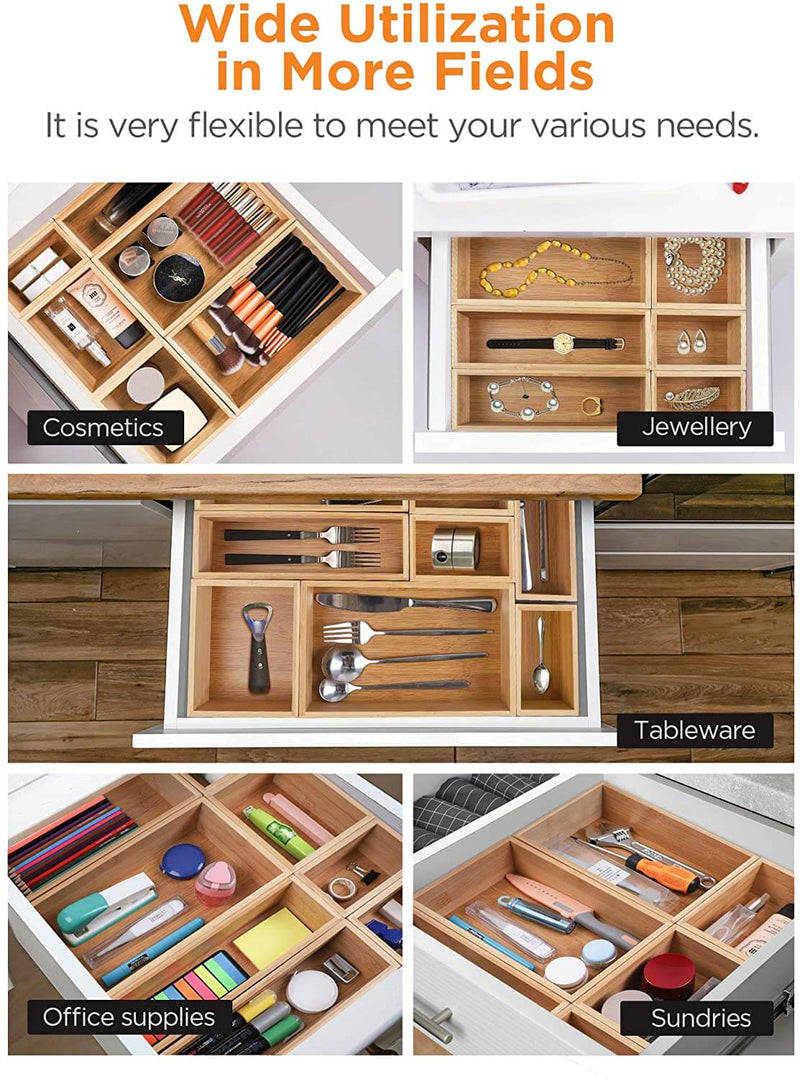 InnoGear Set of 8 Desk Drawer Organiser Trays, Bamboo Storage Boxes Divider with 4-Size Make-up Organiser for Office Kitchen Bedroom [UK]