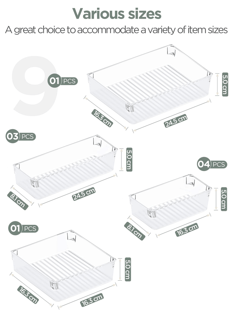 InnoGear Set of 9 Desk Drawer Organiser Trays with 4-Size Clear Plastic Storage Boxes Divider Make-up Organiser for Kitchen Bedroom Office (Clear) [UK]