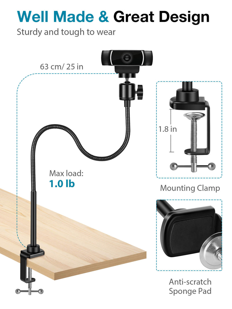 InnoGear 25 Inch Webcam Stand, Flexible Cell Phone Stand Desk Mount Camera Stand Gooseneck for Logitech Webcam BRIO C920 C920S C922 C922x C925e C930 C930e C615